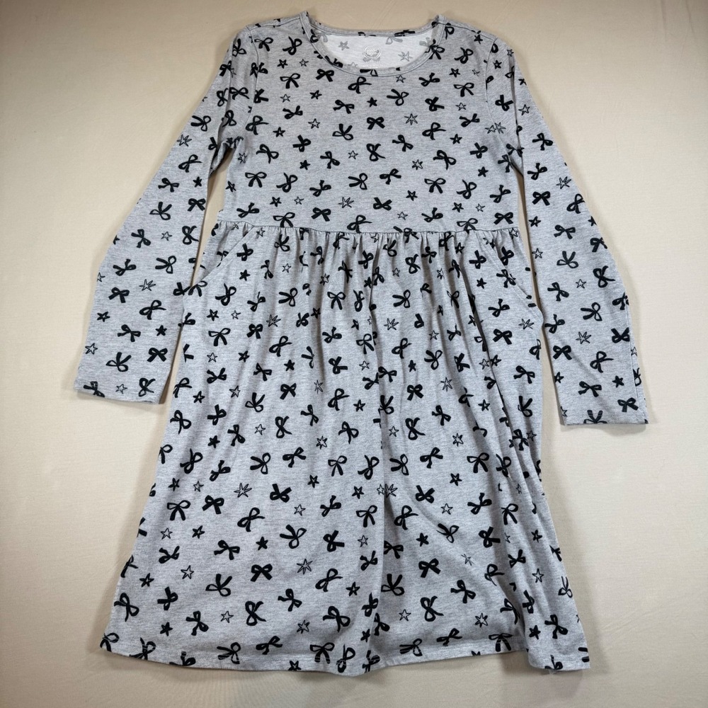 Wonder Nation Girls Gray Bow Star Print Long Sleeve Pocket Dress Size L 10-12